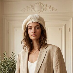 Cream Crochet French Style Beret - Boho Winter Slouchy Beanie